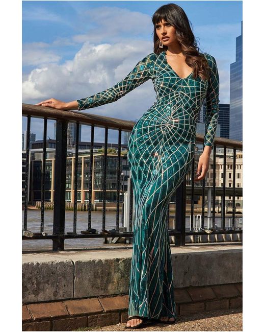 Goddiva Blue Geo Sequin Long Sleeve Maxi Dress