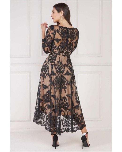 Goddiva Black Scalloped Lace Dipped Hem Midi Dress