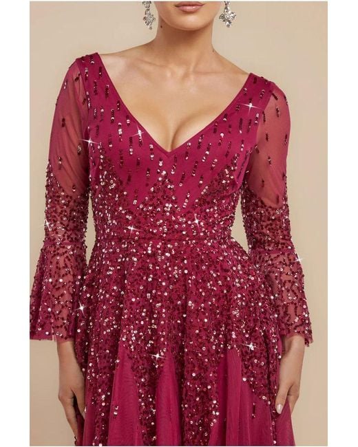 Goddiva Red Sunray Hand Embellished Sequin A-Line Bell Sleeve Maxi Dress