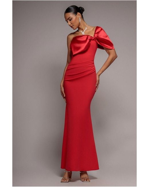 Goddiva Red Off The Shoulder Satin Bow Neck Maxi Dress