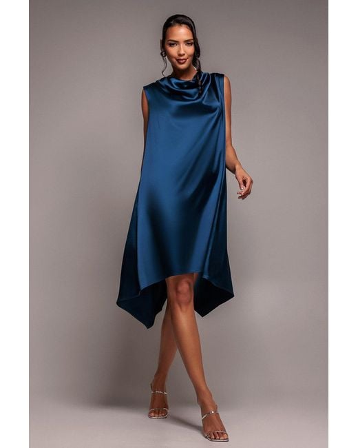 Goddiva Blue Cowl Neck Back Wing Satin High Low Midi Dress