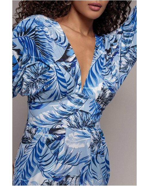 Goddiva Blue Tropical Print Midi With Batwing Sleeves