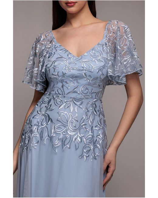 Goddiva Blue Lace Flutter Sleeve Embroidered Mesh A Line Maxi Dress