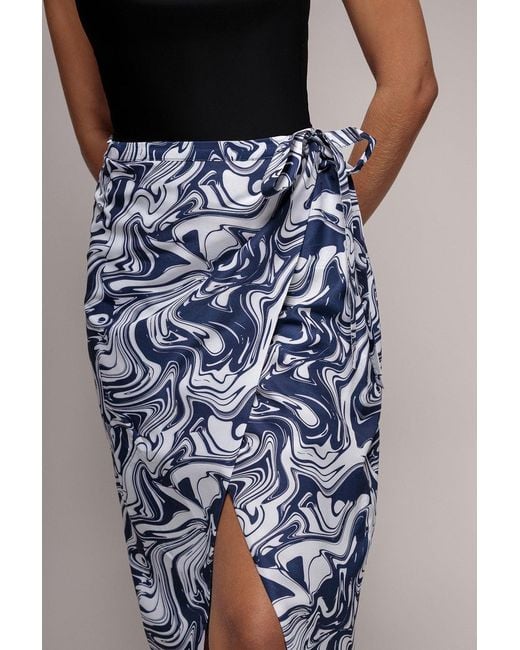 City Goddess Blue Printed High Waist Wrap Midi Skirt
