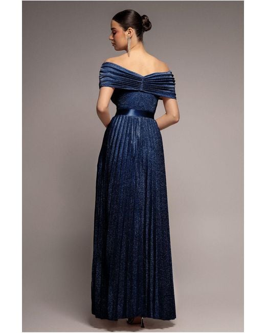 Goddiva Blue Bardot Pleated Skirt Maxi Dress