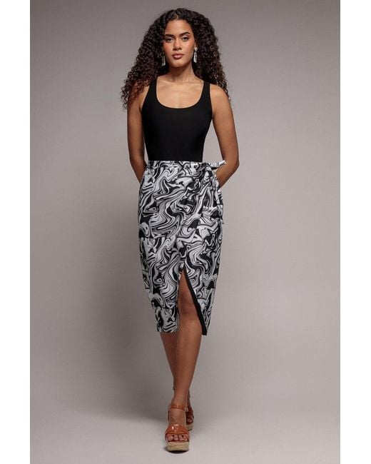 City Goddess Blue Printed High Waist Wrap Midi Skirt