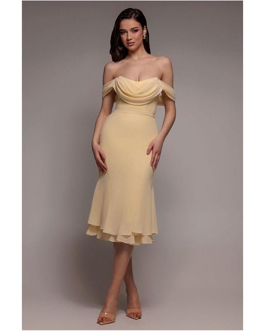 Goddiva Natural Chiffon Cowl Off Shoulder Wing Tiered Midi Dress