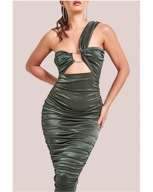 Goddiva Green Ring Detail One Shoulder Ruched Midi