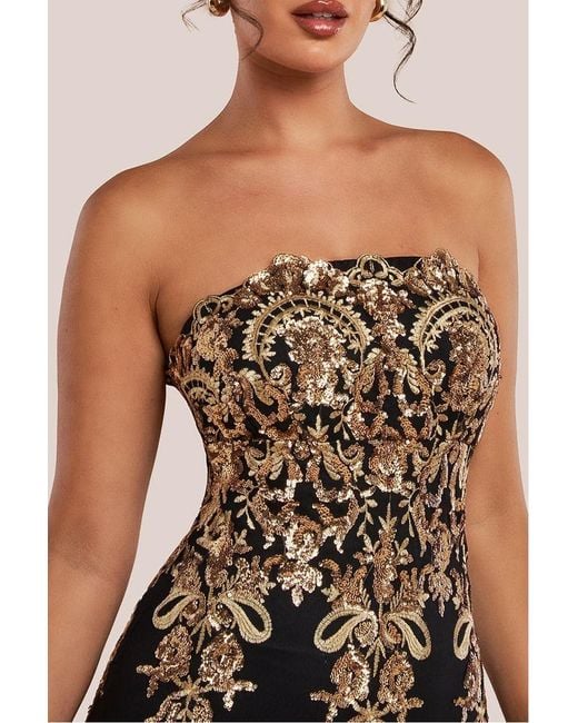 Goddiva Multicolor Scallop Bandeau Sequin Mesh Maxi Dress