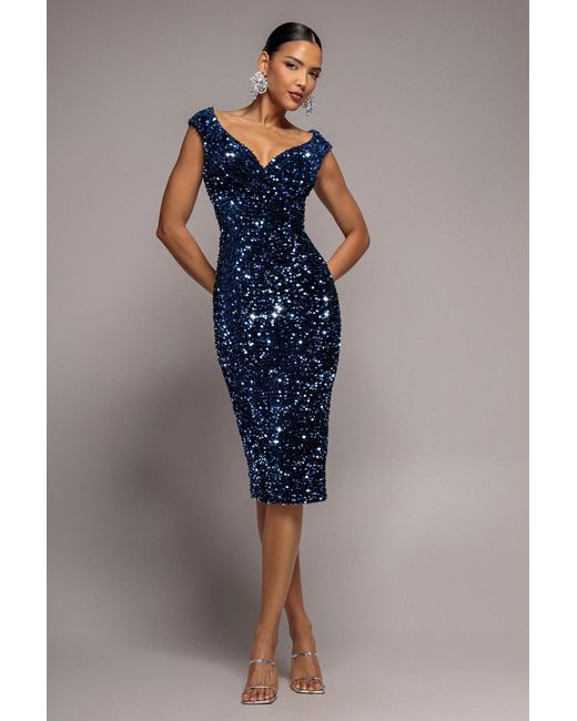 Goddiva Blue Multi Sequin & Velvet Bardot Midi Dress
