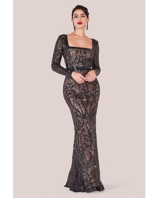 Goddiva Black Sequin Square Neck Maxi With Scallop Hem