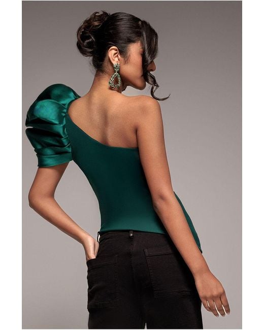 Goddiva Green One Shoulder Puffed Satin Sleeve Asymmetric Scuba Top