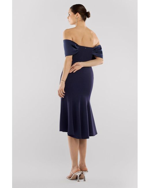 Goddiva Blue Twist Knot Satin & Scuba Bardot High Low Midi Dress