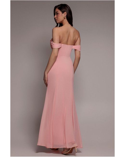 Goddiva Pink Chiffon Bardot Cowl Neck Maxi Dress