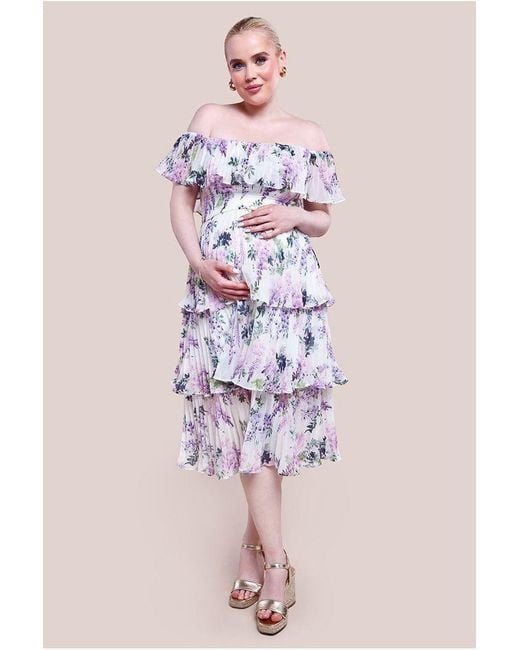 Goddiva Pink Maternity Shirred Chiffon Floral Bardot Midi Dress