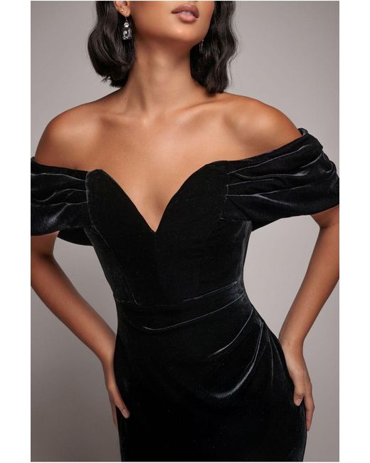 Goddiva Black Off The Shoulder Deep Plunge Velvet Maxi Dress
