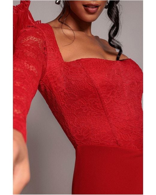 Goddiva Red One Shoulder Organza Fan Detail Lace Bodice Midi Dress