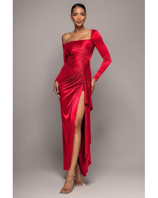 Goddiva Red Slinky Satin One Shoulder Split Maxi Dress