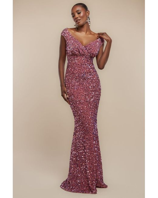 Goddiva Red Multi Sequin & Velvet Bardot Maxi Dress
