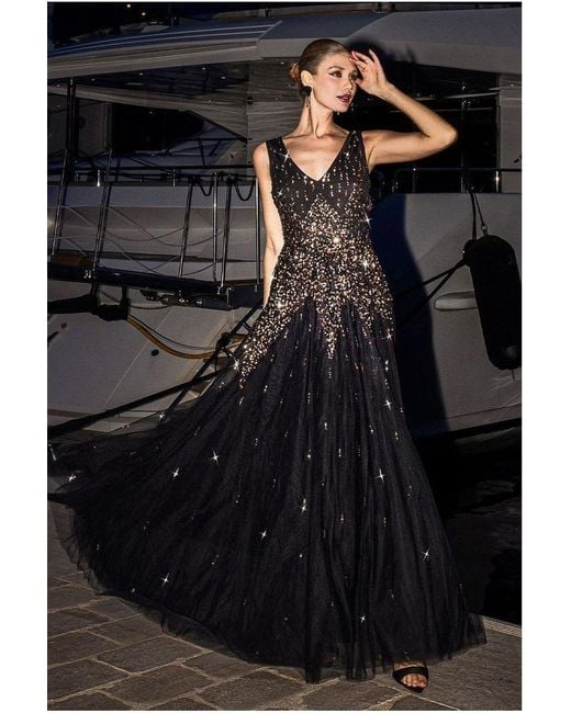 Goddiva Black Sunray Hand Embellished Sequin A-Line Sleeveless Maxi Dress