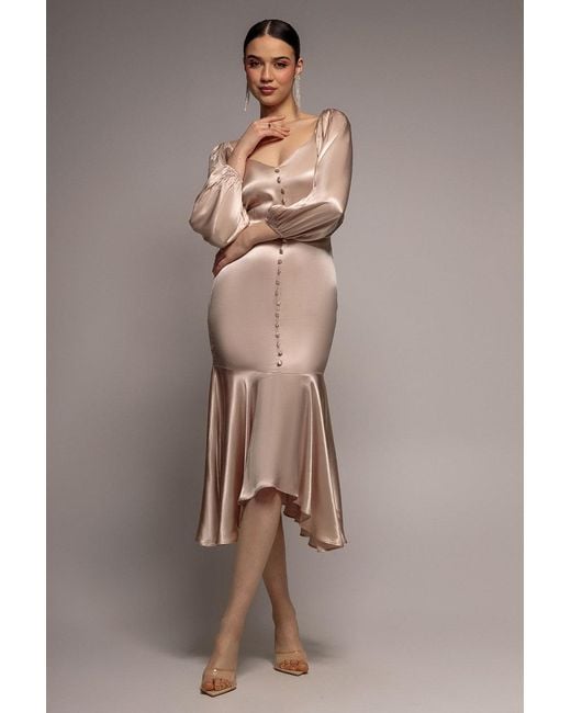 Goddiva Pink Satin Viscose Front Buttoned Dipped Hem