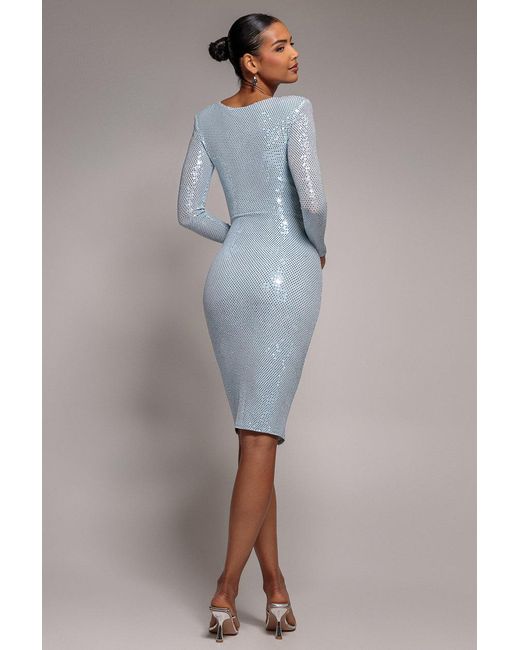 Goddiva Blue Sequined Lurex Long Sleeve Wrap Midi Dress