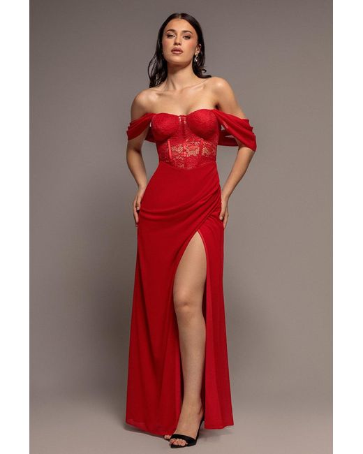 Goddiva Red Scalloped Lace & Chiffon Winged Corset Bodice Maxi Dress