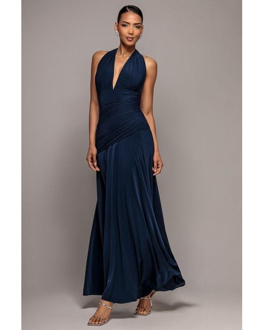 Goddiva Blue Halter Neck Empire Waist Gathered Maxi Dress