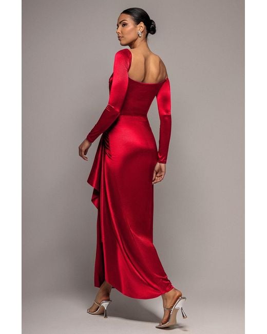 Goddiva Red Slinky Satin One Shoulder Split Maxi Dress