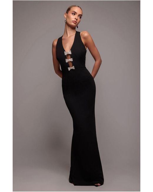 Goddiva Black Embellished Bow Mermaid Halter Maxi Dress