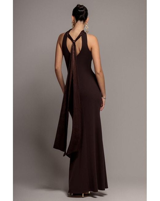 Goddiva Brown Scuba & Velvet Satin Halterneck Maxi Dress With Back Sash
