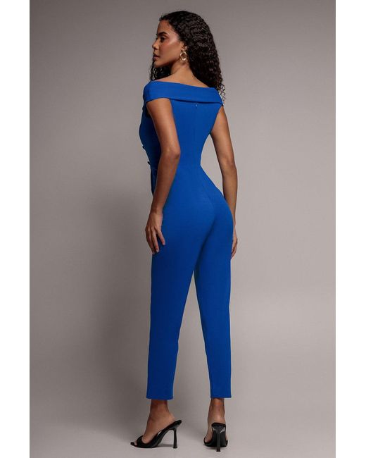 Goddiva Blue Bardot Wrap Sweetheart Neck Romper