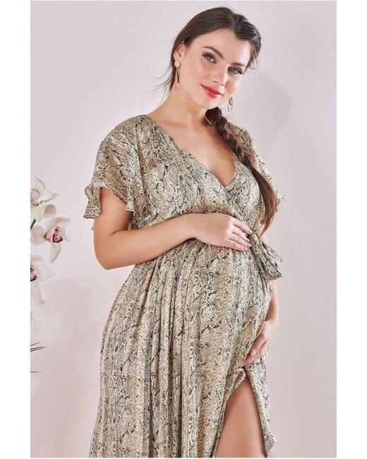 Goddiva Natural Maternity Wrap Printed Chiffon Maxi Snake Print