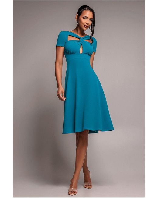 Goddiva Blue Scuba Crepe Twist Cutout Midi Dress