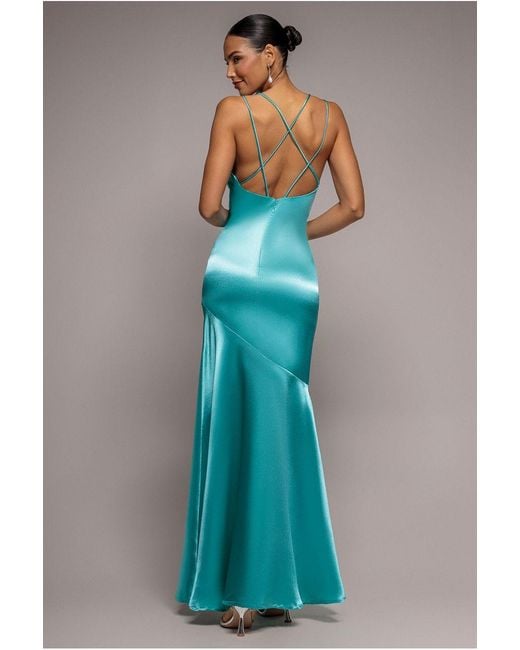 Goddiva Blue Satin Cowl Neck With Strappy Back Maxi