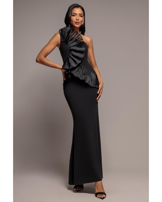 Goddiva Blue One Shoulder Pleated Fan Maxi