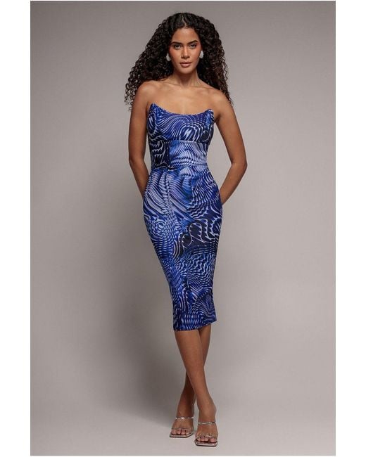 Goddiva Blue Abstract Bandeau Bodycon Midi Dress