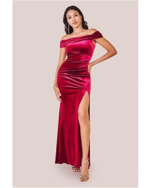 Goddiva Red Velvet Bardot Maxi With Split