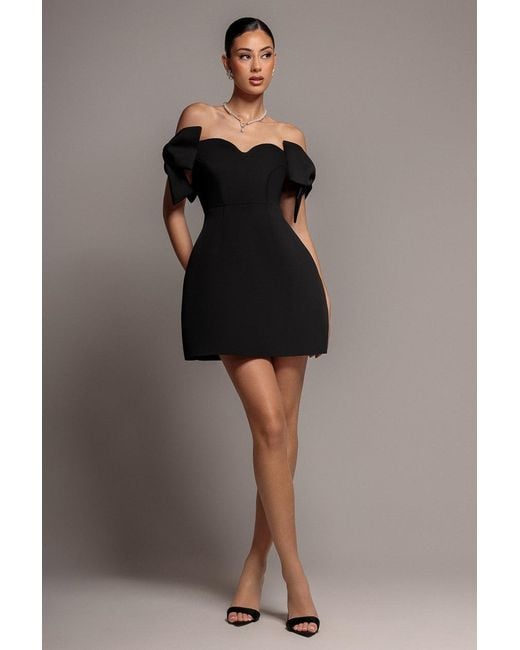 Goddiva Gray Bardot Plunge Neck Bow Sleeve Skater Mini Dress