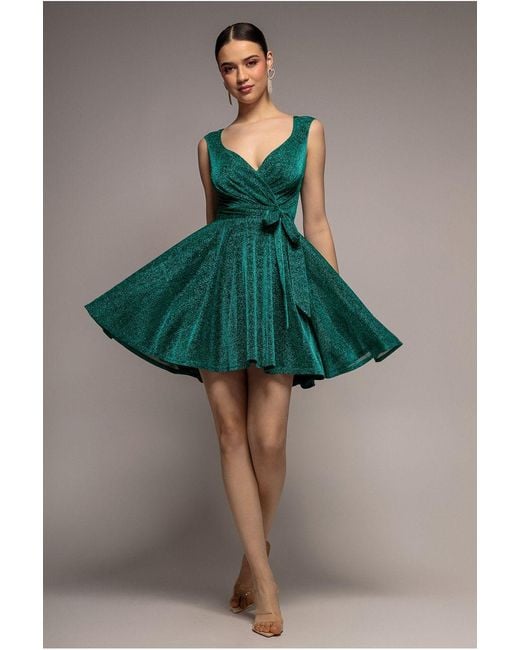 Goddiva Green Cross Over Sleeveless Mini Skater Dress