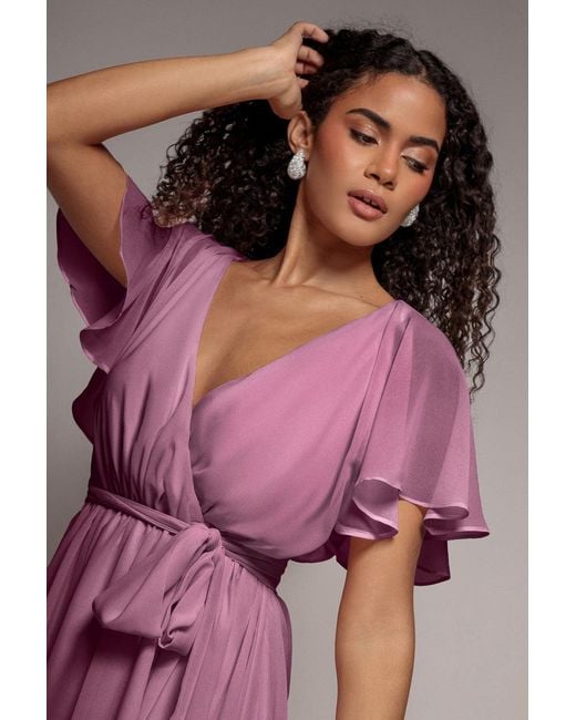 Goddiva Pink Flutter Sleeve Wrap Mini Dress With Elasticated Waist