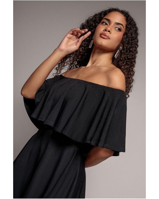 Goddiva Black Off The Shoulder Frill Neck Skater Playsuit