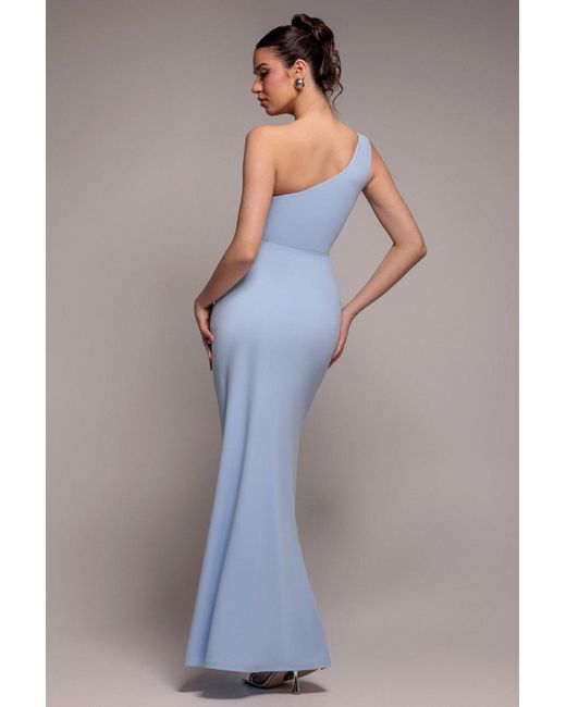 Goddiva Blue One Shoulder Pleated Fan Maxi Dress