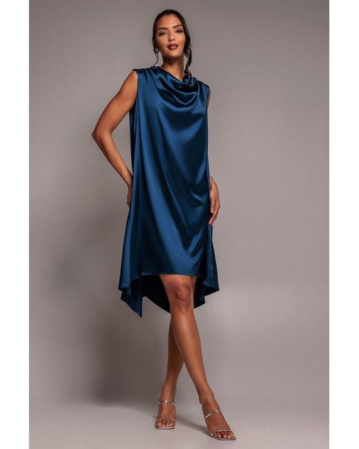 Goddiva Blue Cowl Neck Back Wing Satin High Low Midi Dress
