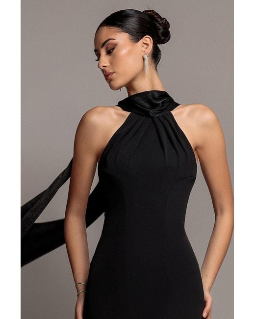 Goddiva Black Scuba & Soft Satin Halterneck Midi Dress With Back Sash