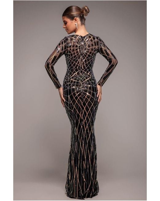 Goddiva Black Geo Sequin Long Sleeve Maxi Dress