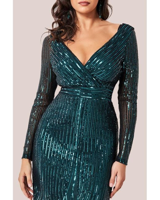 Goddiva Green Long Sleeve Sequin V Wrap Maxi Dress