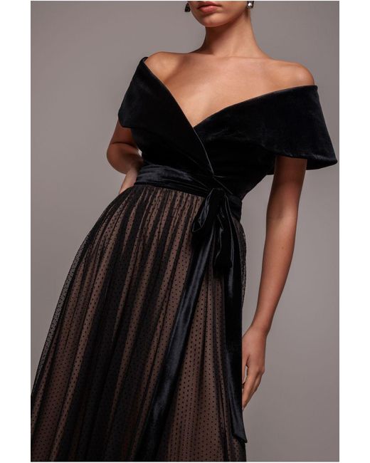 Goddiva Black Velvet Bardot Dobby Mesh A Line Maxi Dress