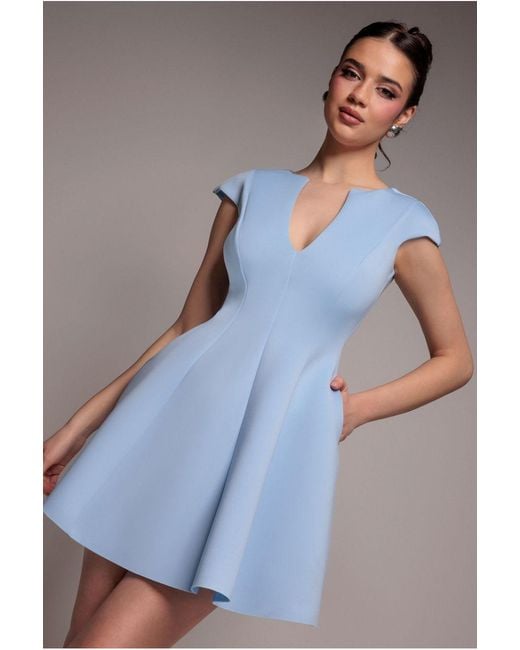 Goddiva Blue Cap Sleeve Plunging V-Neckline Skater Mini Dress
