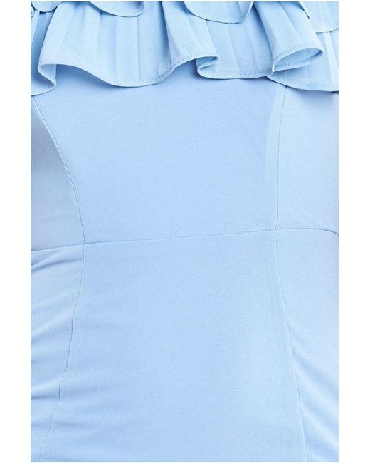 Goddiva Blue Frilled Off The Shoulder Pleated Chiffon Maxi Dress